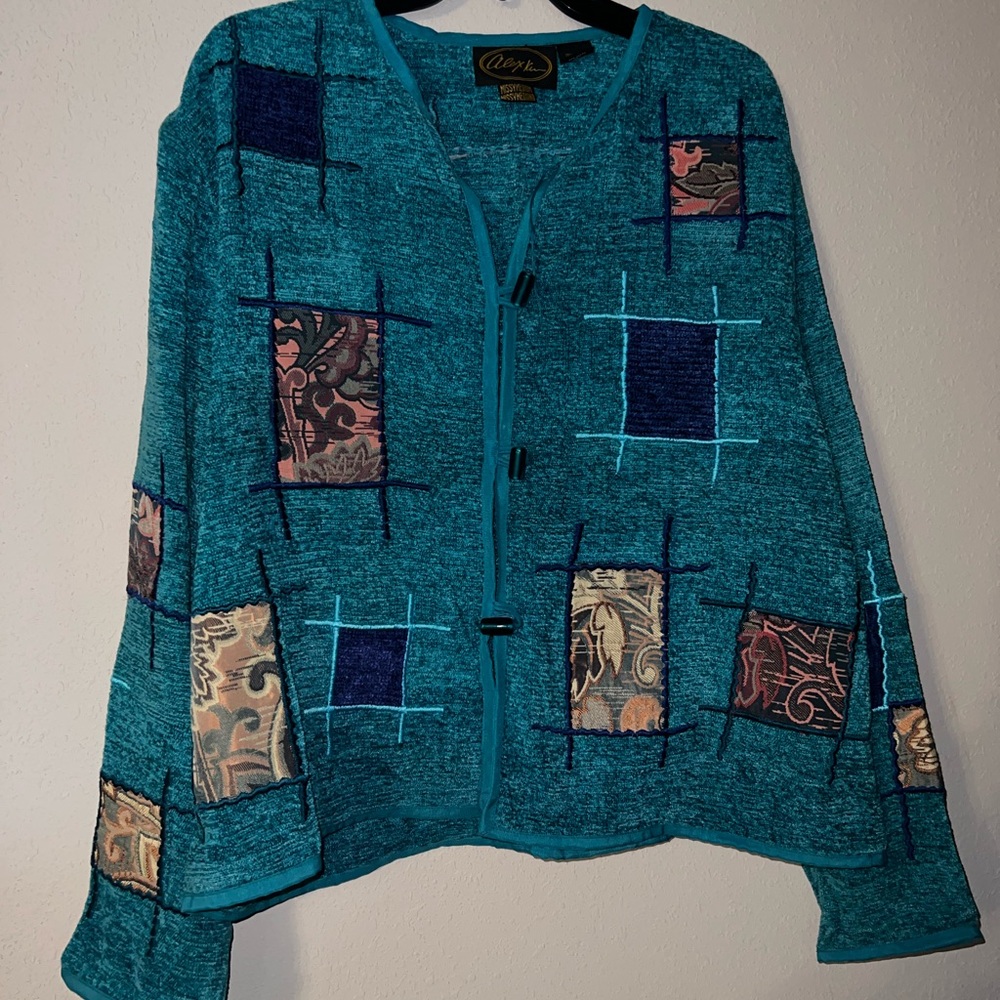 Teal Patchwork Cardigan With Button Closure - image 2
